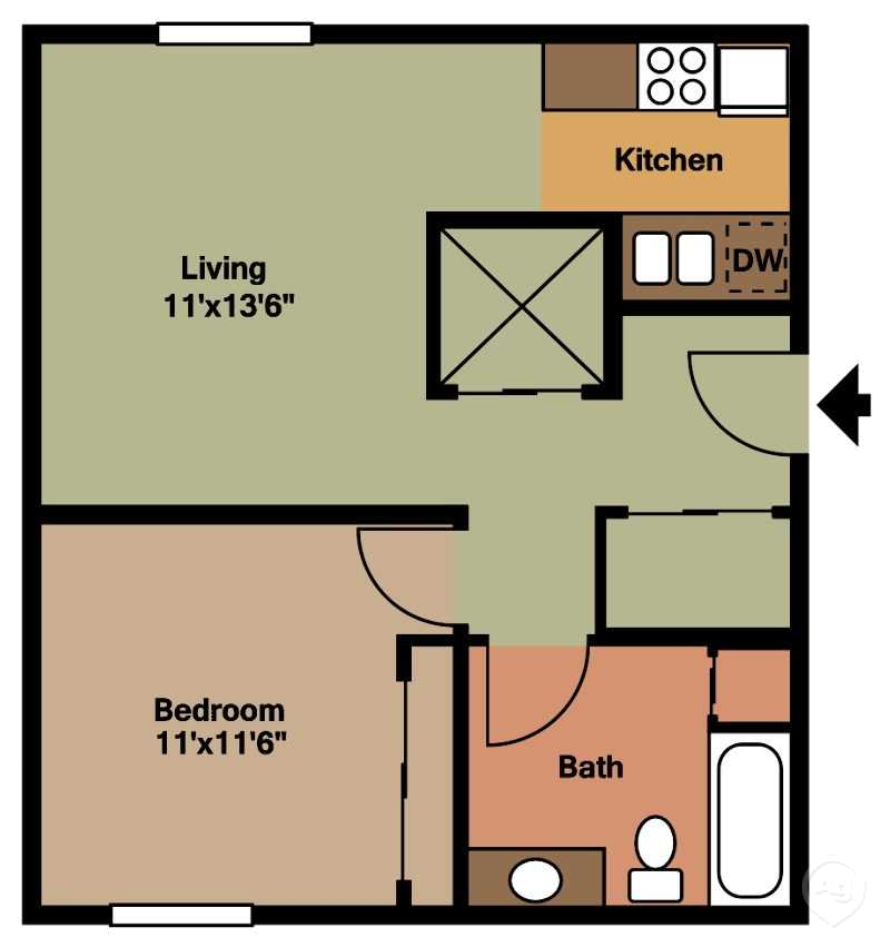 Floor plan for 1 bed, 1 bath, 650 sqft